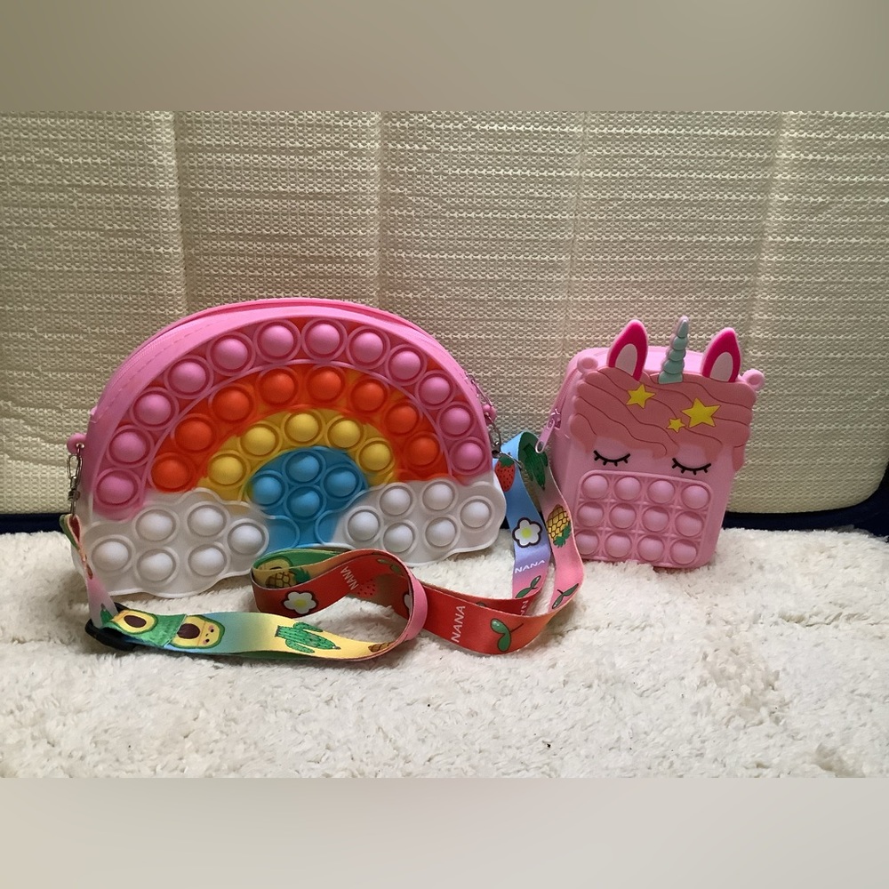 Pop Purse s Fidget, Rainbow Clouds Pop Shoulder Bag, and mini unicorn